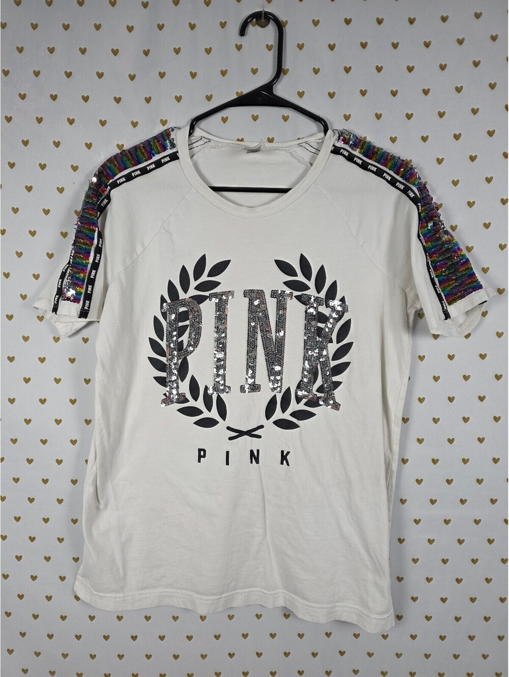 Victorias Secret PINK Rainbow Flip Bling sequined Crest tee shirt Logo Small